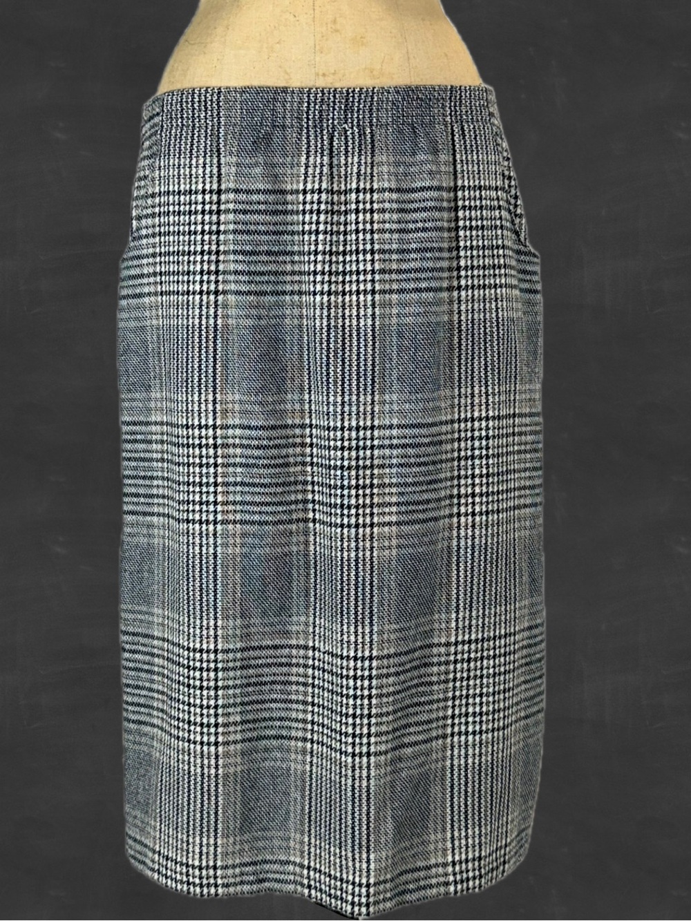 VINTAGE tartan plaid skirt midi pencil elastic waist pull on academia office 80s